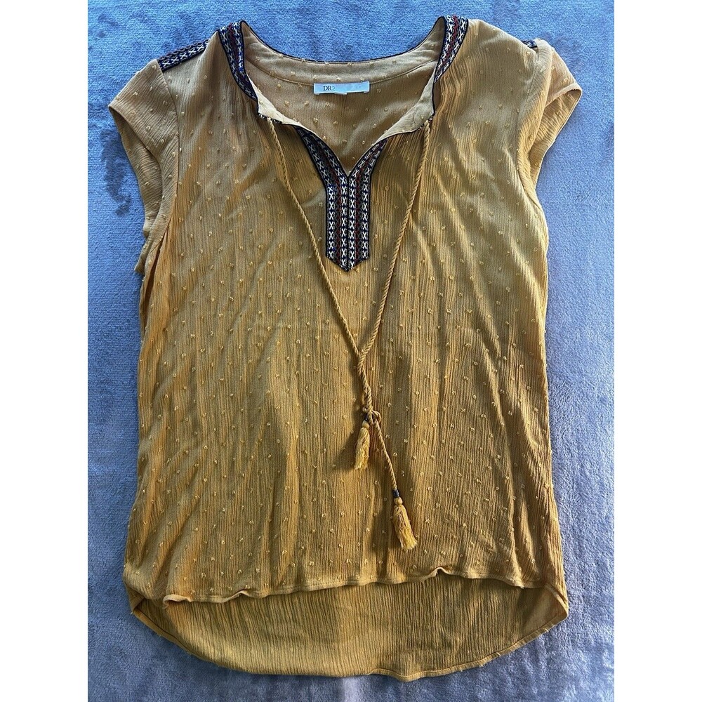 DR2 Women’s Medium Mustard Swiss Dot Boho Peasant Top Tassel Tie High Low Blouse